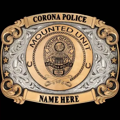 Corona custom western belt buckle handcrafted in German silver with engraved western detailing by Molly's Custom Silver.